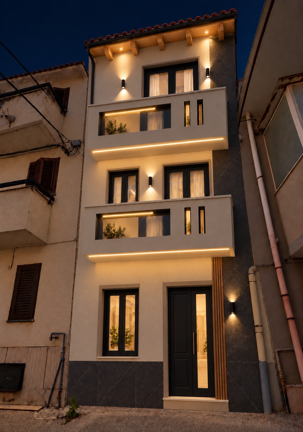 Dopo, proposta progettuale: facciata rinnovata, balconi, serramenti scuri e illuminazione integrata